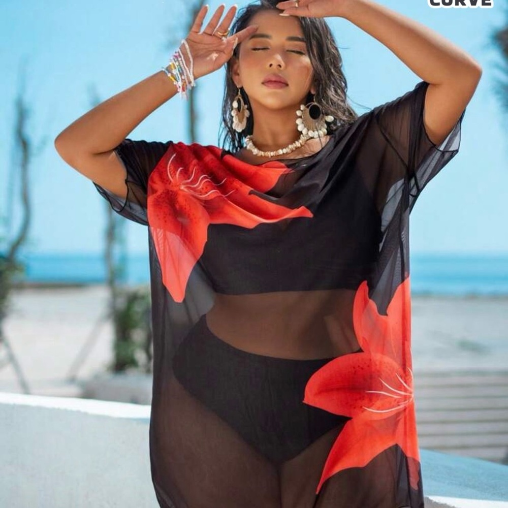 SHEIN Black Sheer Cover-Up with Red Floral Design